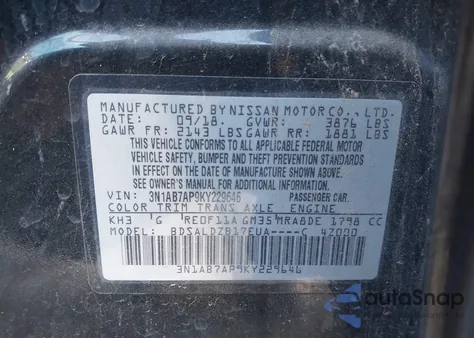 2019 Nissan Sentra Sv z USA, uszkodzony, nr VIN 3N1AB7AP9KY229646